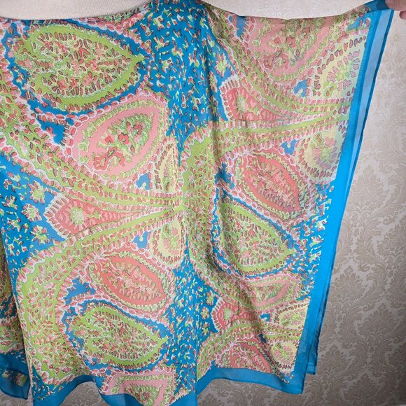 Talbots Size S/M Turquoise Coral Paisley Butterfly Sleeve Kimono Top Silk Sheer - Picture 3 of 10